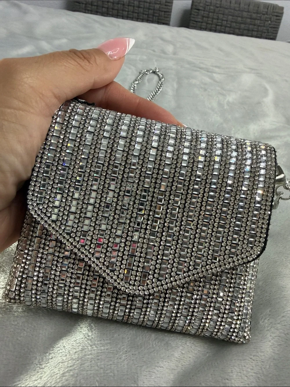 Crystal Embellished Silver Crossbody Bag
